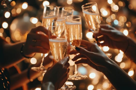 People cheers making toasts with champagne glasses at the New years party