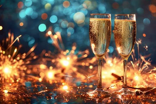 Champagne glasses on colorful firework pyrotechnics background, New year eve concept