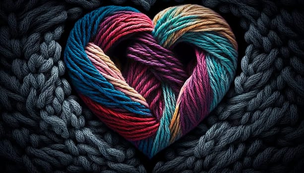 yarn for knitting multi-colored threads in the shape of hearts a lot. Generative AI,