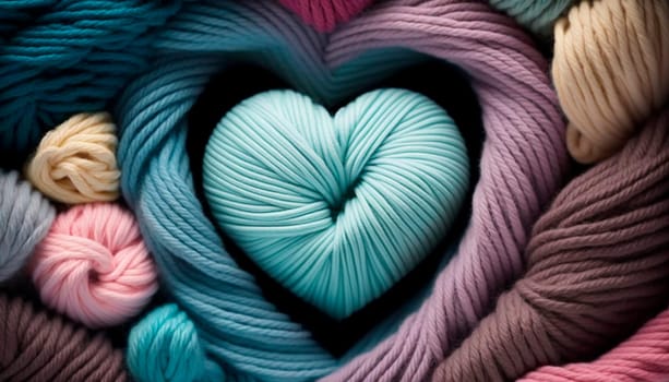 yarn for knitting multi-colored threads in the shape of hearts a lot. Generative AI,