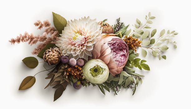 Beautiful bouquet of flowers on a white background. Generative AI,