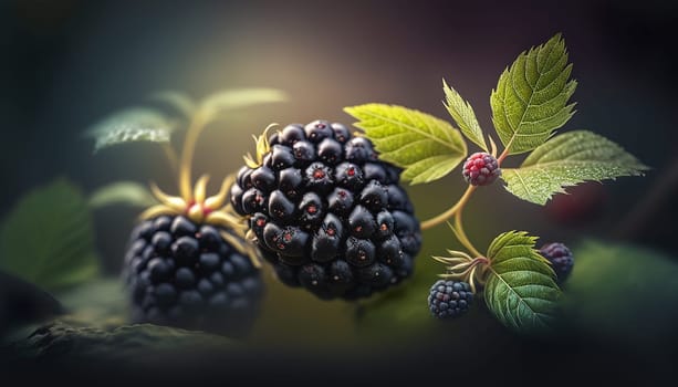 Blackberry on the branch harvest. Generative AI.