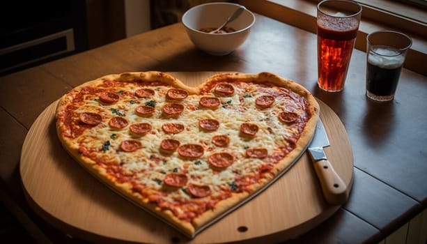 Heart shaped pizza in the kitchen on the table real photo appetizing. Generative AI,