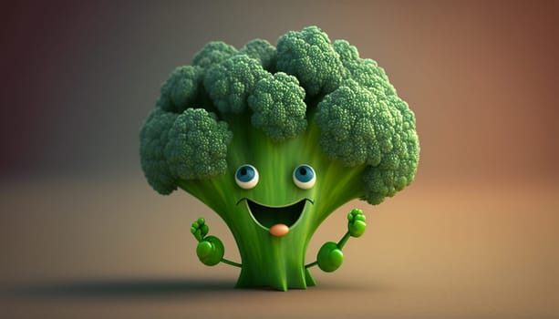 Cute broccoli 3D cartoon character. Generative AI,