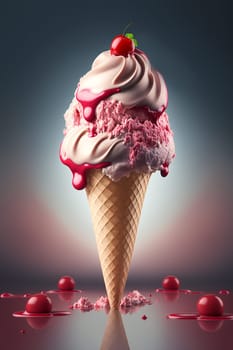 Ice cream cone with cherries. Generative AI,