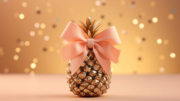 A pineapple with a pink bow is depicted on a peach background, golden confetti is scattered on the background.