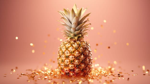 A beautiful pineapple stands on a peach-colored background, golden confetti falling from above.