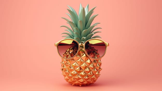 A beautiful pineapple stands against a peach-colored background in gold sunglasses.