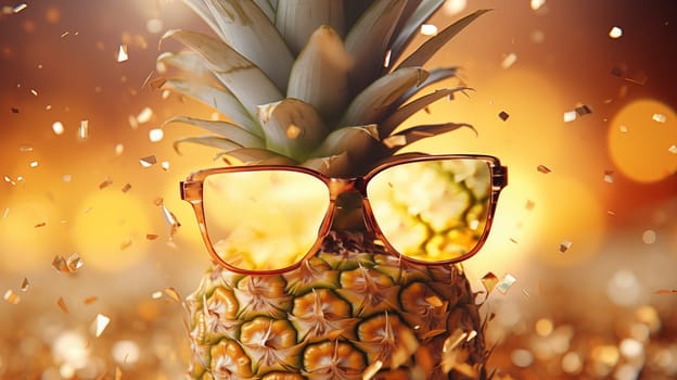 A pineapple with golden sunglasses stands on a yellow background with a bokeh, golden confetti falls from above.