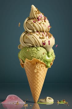 Ice cream cone with pistachios. Generative AI,