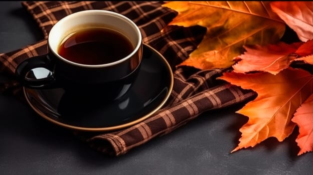 Autumn ambiance, A black cup of tea, surrounded by yellow maple leaves and a cozy scarf on a wooden table. A warm welcome to the fall season.
