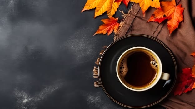 Autumn ambiance, A black cup of tea, surrounded by yellow maple leaves and a cozy scarf on a wooden table. A warm welcome to the fall season.