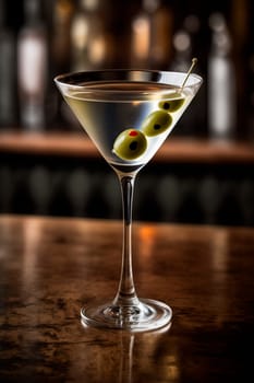 Chilled martini cocktail on a long bar with olives. Generative AI,