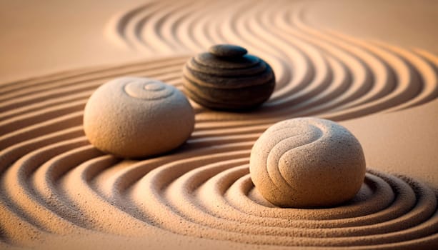 Zen Stones with lines on sand spa harmony concept. Generative AI,