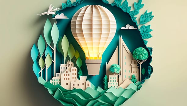 Paper cut light bulb with green eco city, city of future nature energy. Generative AI,