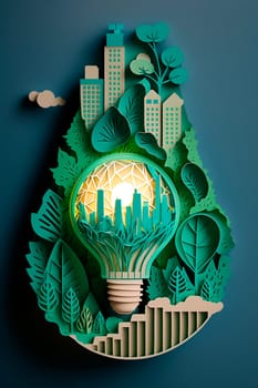 Paper cut light bulb with green eco city, city of future nature energy. Generative AI,