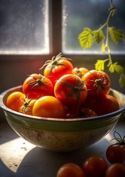 Home grown tomatoes in a plate in the garden. Generative AI,