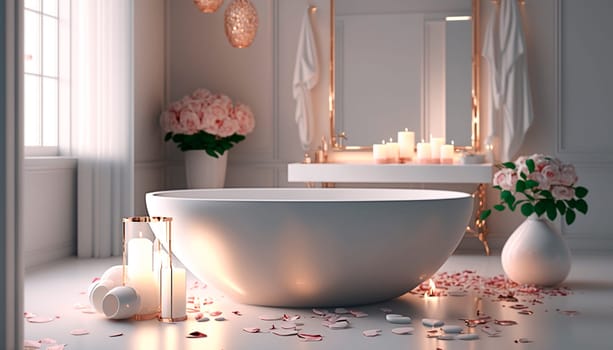 Elegant white bathroom interior with romantic atmosphere, burning candles and rose petals. Generative AI,