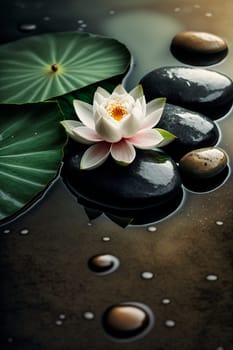 zen stones on a background of water and bamboo and lotus flowers. Generative AI,