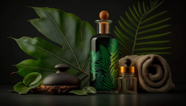 skin care spa set, decoration, candle and towels, oil bottle and green leaves and blossoms. Generative AI,