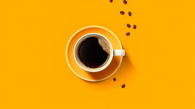 Morning bliss, Top view of a white cup filled with aromatic coffee on a cheerful yellow background, evoking a sense of warmth and awakening.