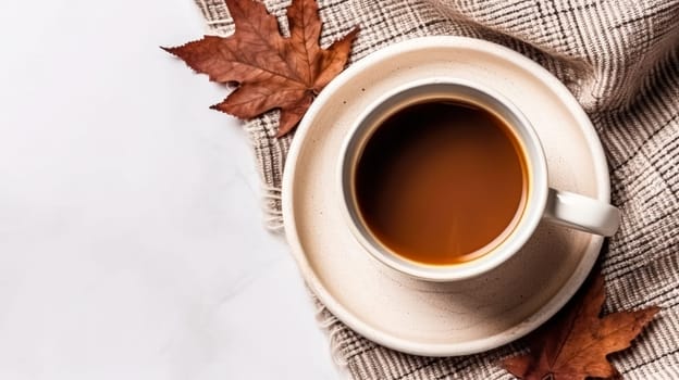 Cozy moments, A warm cup of tea on a white background, top view, offering a serene autumn vibe with plenty of copy space for creativity.