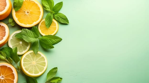 Citrus delight, Sliced fruits adorned with mint on a refreshing green backdrop. A vibrant and invigorating concept for zestful stock photos.