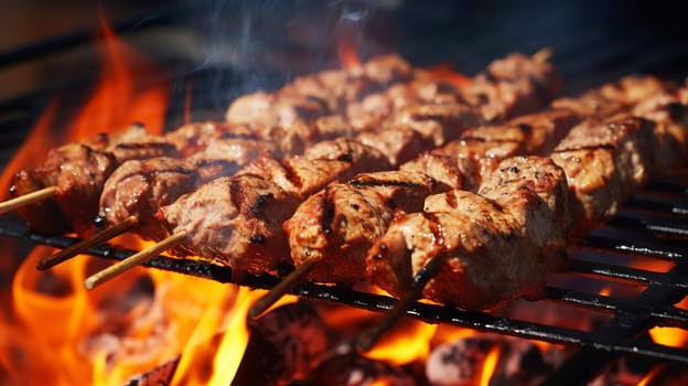 Delicious kebab meat on skewers lies on a grill with hot coals and a small flame.