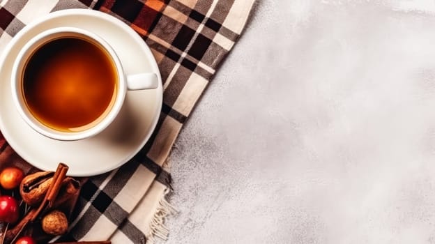 Cozy moments, A warm cup of tea on a white background, top view, offering a serene autumn vibe with plenty of copy space for creativity.
