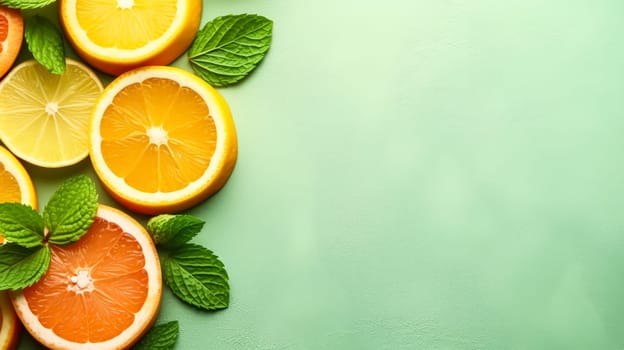 Citrus delight, Sliced fruits adorned with mint on a refreshing green backdrop. A vibrant and invigorating concept for zestful stock photos.