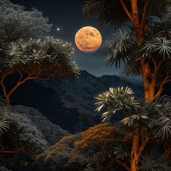 Moonlit night in the mountains. AI generated