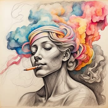 Colorful smoke fills a woman. AI generated