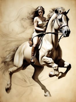 Drawn girl on a horse. AI generated
