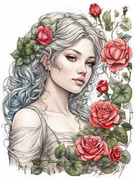 Cute girl in roses. AI generated