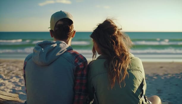 man and woman are sitting on the beach overlooking the sea. Generative AI,