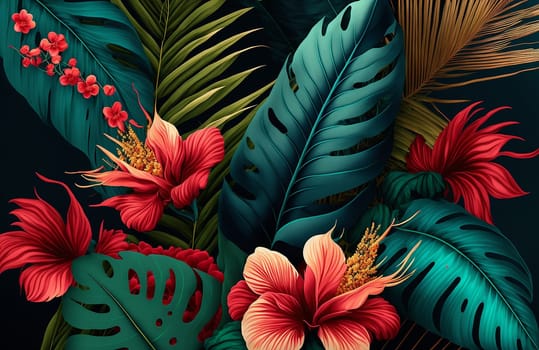 Background isolate with palm branches and tropical flowers. Generative AI.