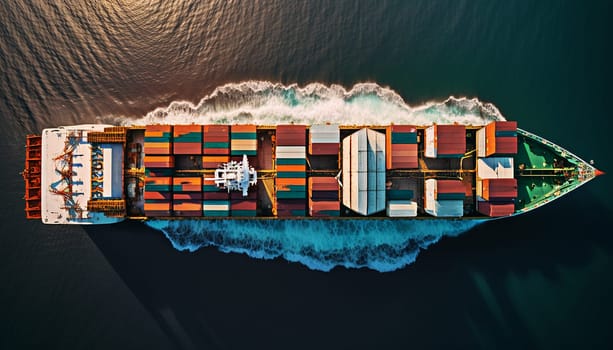 Top view of a container ship freight transportation by a container ship on the high sea. Generative AI,