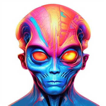 Colourful psychedelic portrait of an alien with big eyes. Illustration design. Template for t-shirt print, sticker, poster, etc.