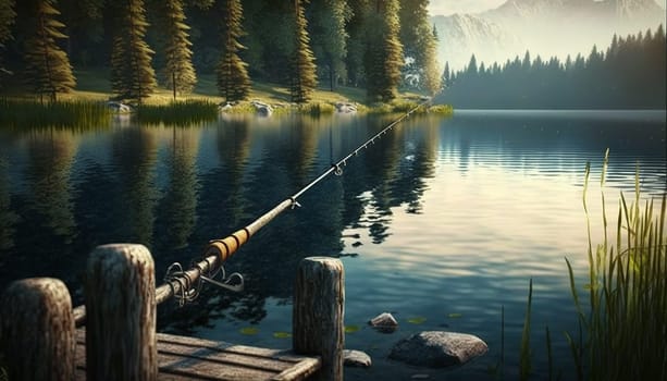 fishing rod reel on the background of the lake. Generative AI.