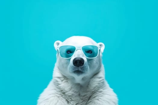 Advertising poster or banner with white polar bear in sunglasses against a stylish blue backdrop, radiating winter charm