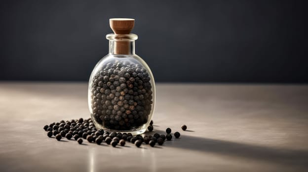 Spice up your kitchen, Black peppercorns nestled in a glass jar, a must have ingredient for flavor enthusiasts and culinary creations
