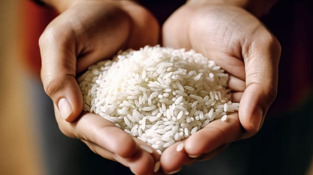 Harvest in Hands, Strong hands cradle freshly peeled rice, symbolizing the essence of farm to table goodness and wholesome nutrition.