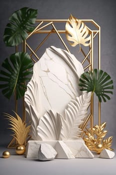 A modern white stand for shooting objects with a backdrop of stone and tropical leaves. Generative AI,