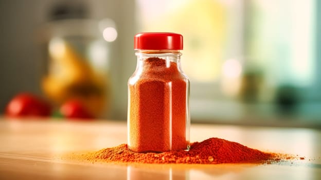 Spice perfection, Paprika powder in a glass jar on a wooden table, adding vibrant flavor to culinary creations
