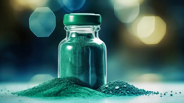 Green goodness, Spirulina powder in a glass jar on a wooden table, a nutrient rich supplement celebrated for its iron content.