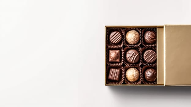 Sweet indulgence, A delightful box of chocolates, elegantly placed against a pristine white background. Temptation captured in a snapshot.