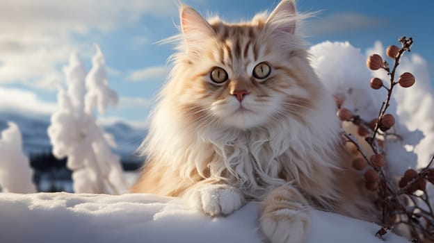 Close up of ginger fluffy cat lie on the snow in a beautiful winter landscape.