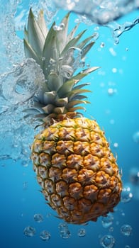 Fresh pineapple under light-blue water, with splashes and air bubbles. Vertical