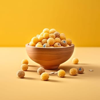 Vibrant and delicious, corn balls pop on a colorful backdrop a cheerful portrayal of breakfast cereal delights