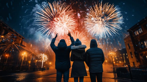 Firework explosion in the night sky celebrating happy new year 2024 . National firework shooting in the beautiful sky for a new year day of year 2024 .